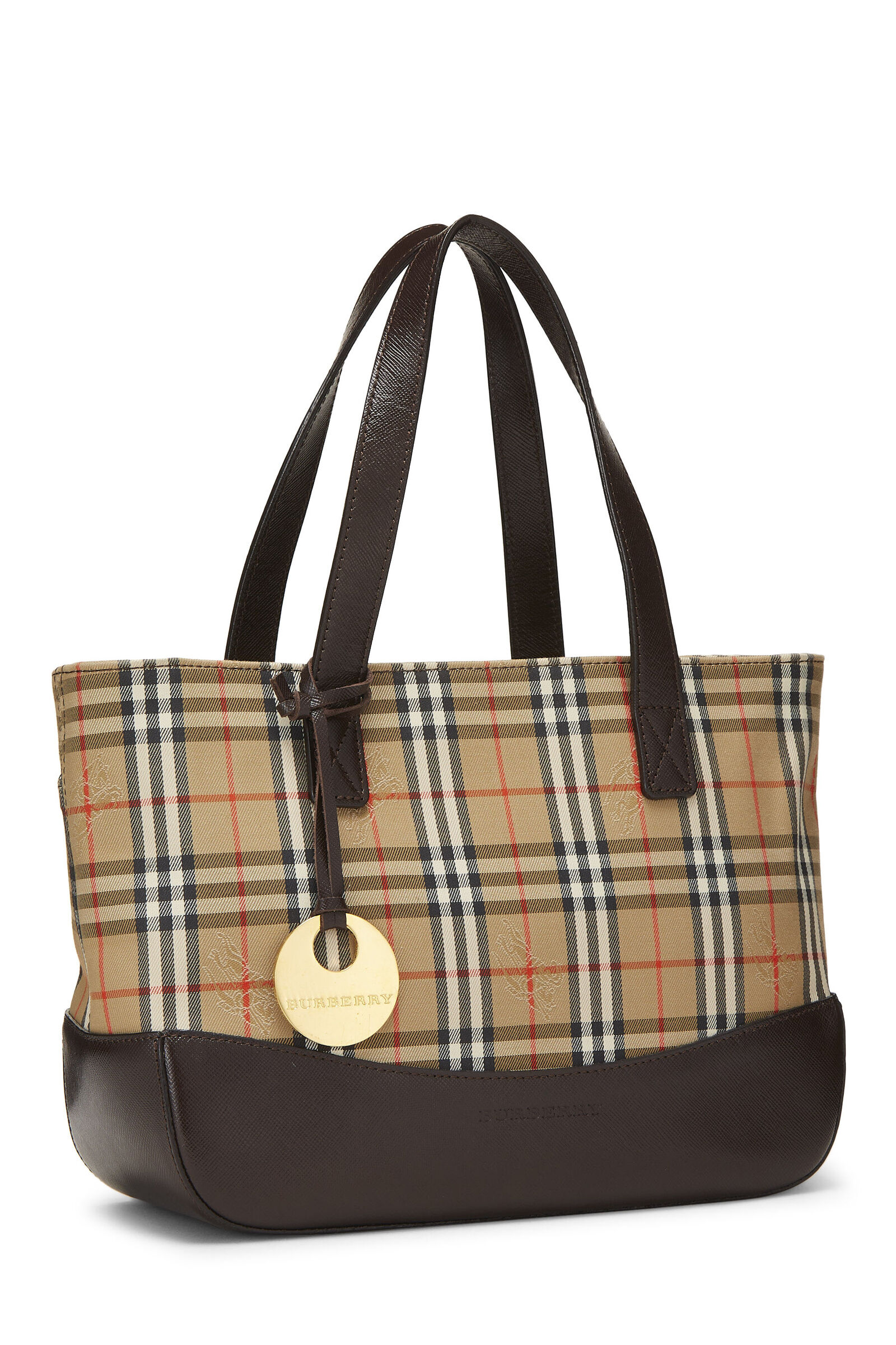 BURBERRY BROWN HAYMARKET CANVAS HANDLE BAG SMALL