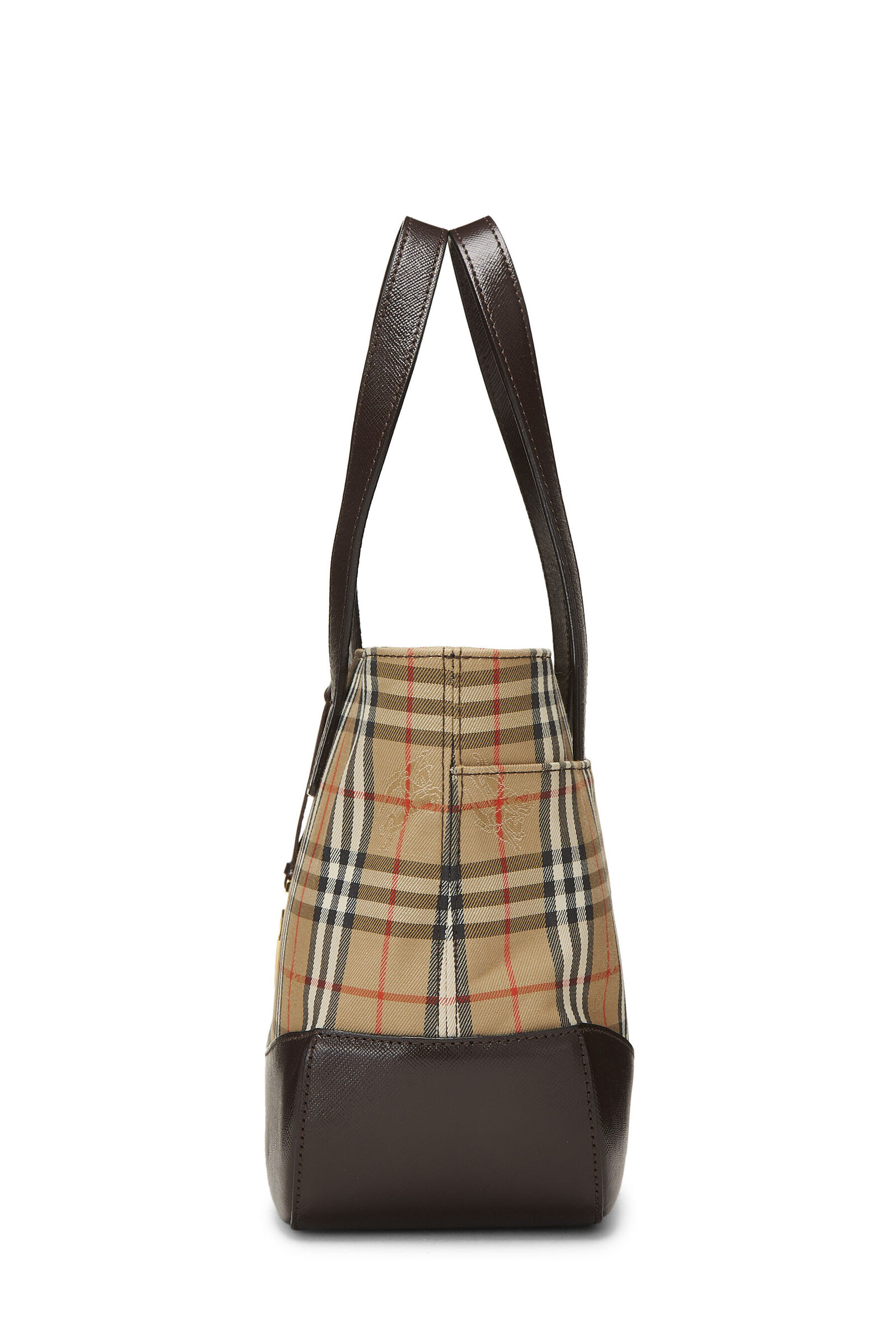 BURBERRY BROWN HAYMARKET CANVAS HANDLE BAG SMALL