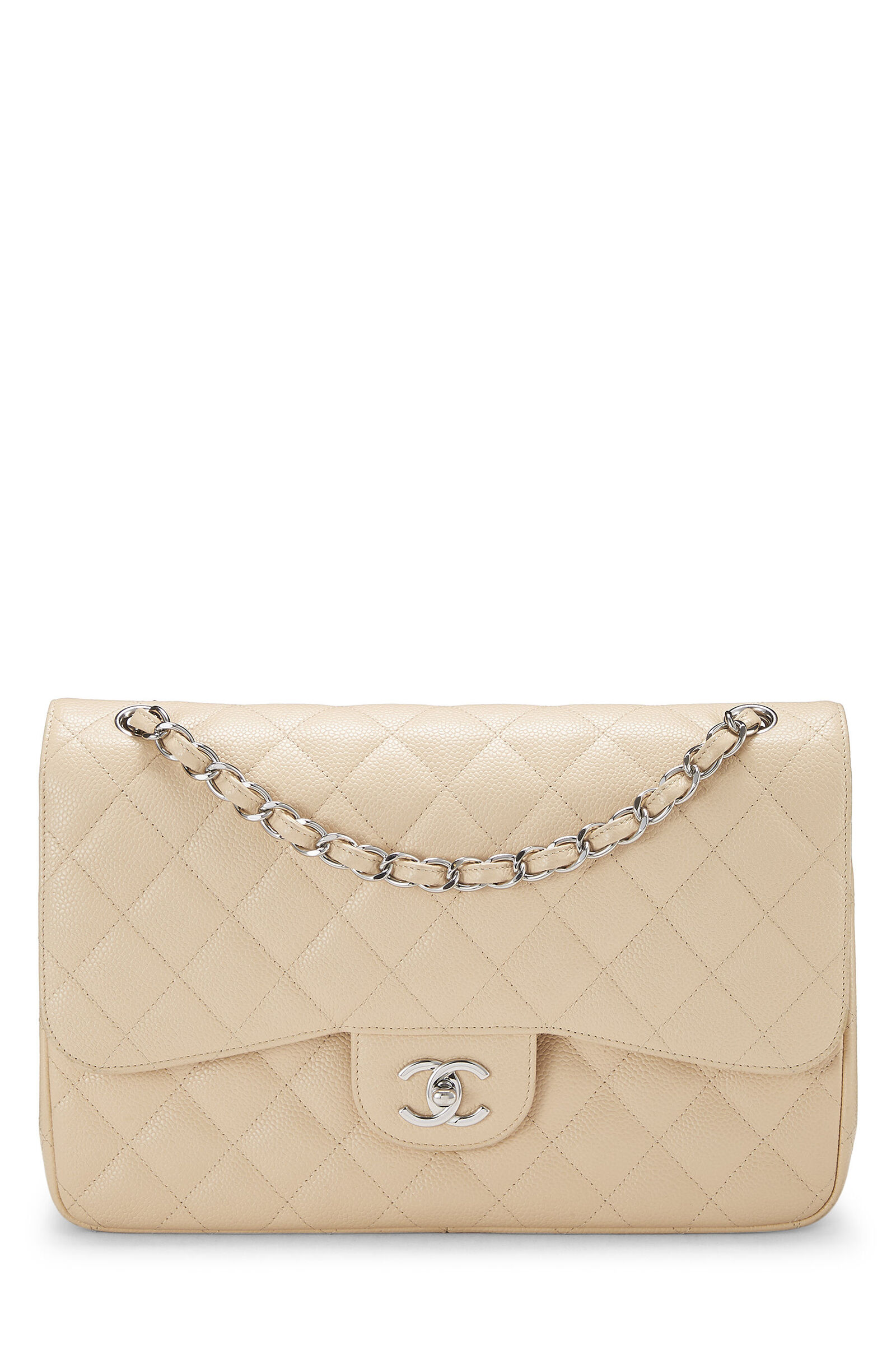 CHANEL BEIGE QUILTED CAVIAR NEW CLASSIC DOUBLE FLAP JUMBO