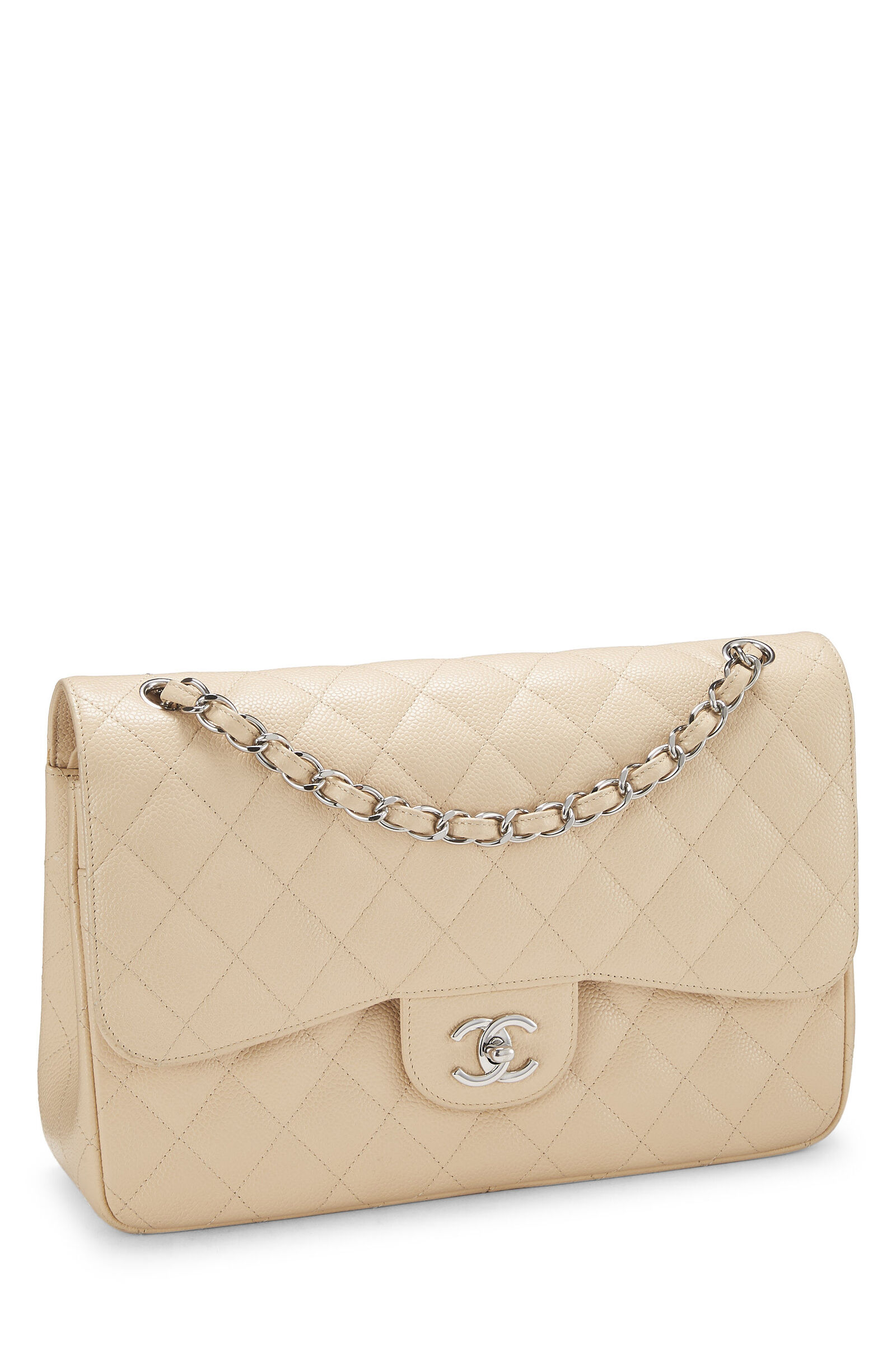 CHANEL BEIGE QUILTED CAVIAR NEW CLASSIC DOUBLE FLAP JUMBO