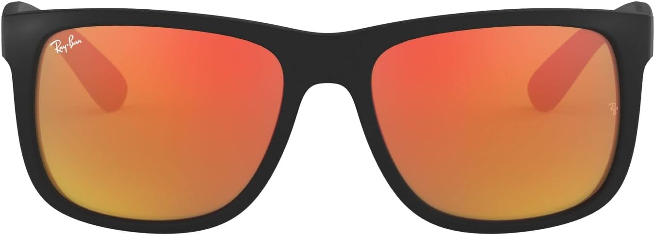 Ray-Ban RB4165 Justin Rectangular Sunglasses Rubber Black/Brown Mirrored Orange