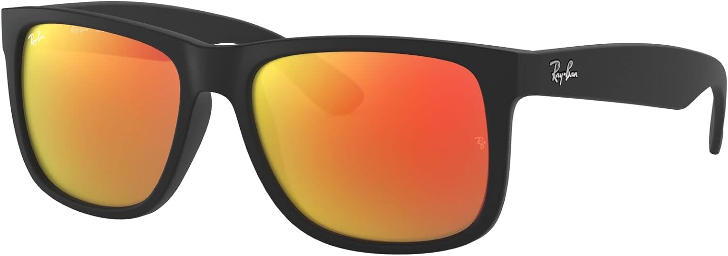 Ray-Ban RB4165 Justin Rectangular Sunglasses Rubber Black/Brown Mirrored Orange