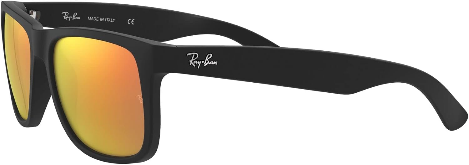 Ray-Ban RB4165 Justin Rectangular Sunglasses Rubber Black/Brown Mirrored Orange