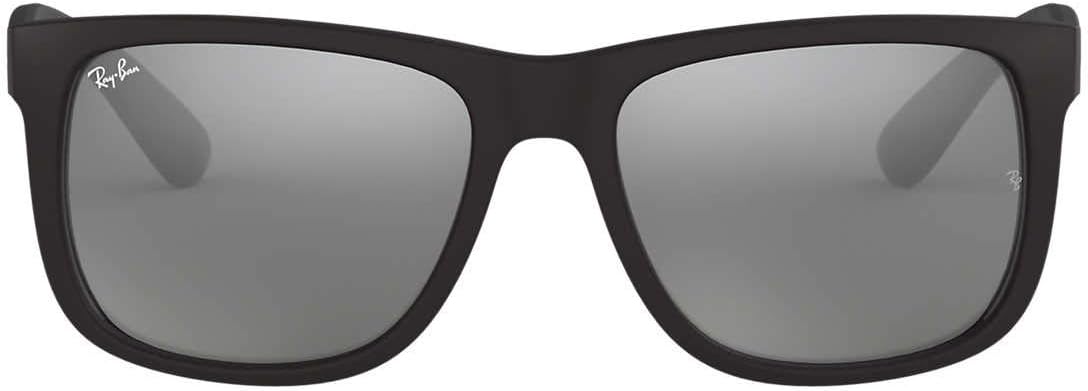 Ray-Ban RB4165 Justin Rectangular Sunglasses Rubber Black/Grey Mirrored Silver