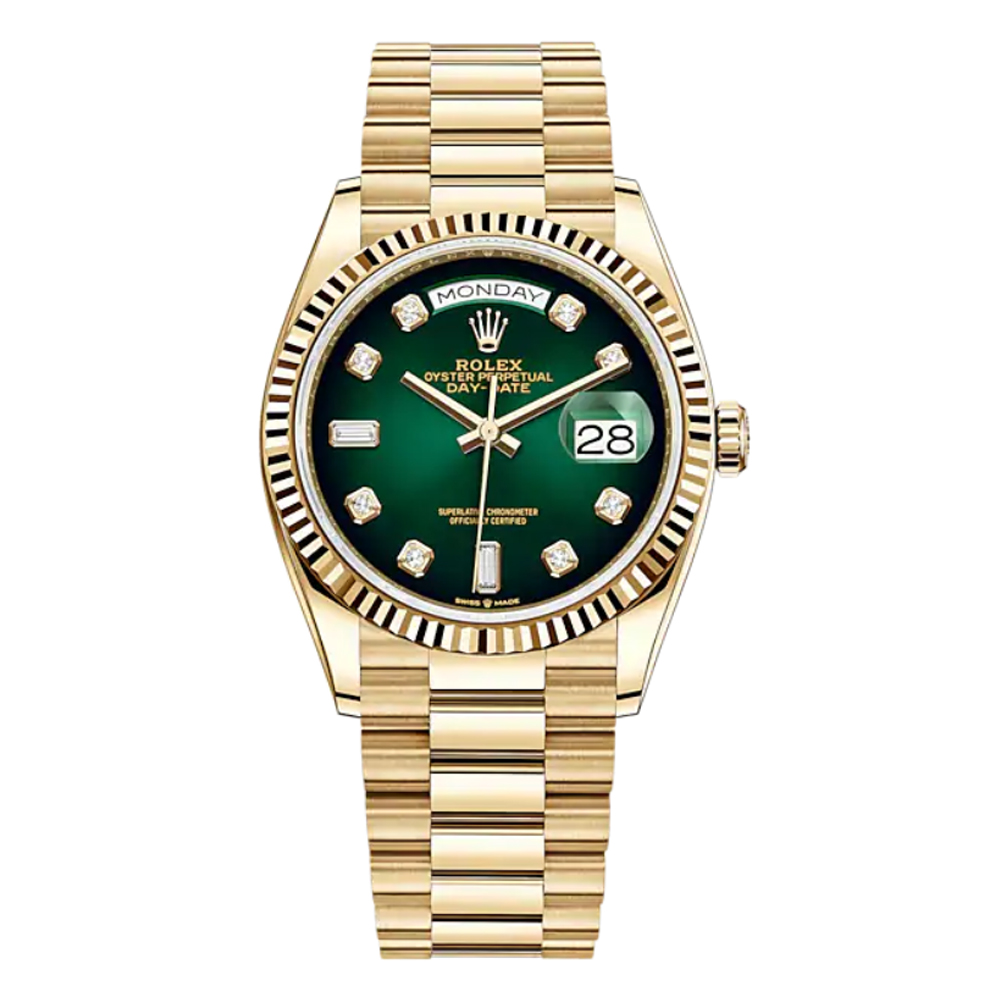 ROLEX Day-Date 40mm Green Ombre Diamond Dial Yellow Gold President Automatic Men’s Watch 128238